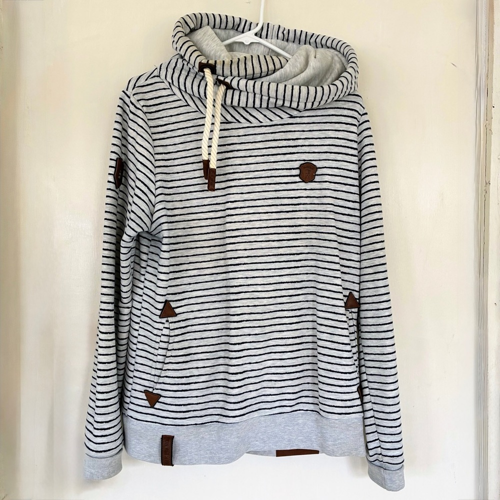 Naketano XL Gray / Navy Blue Striped Cowl Neck Hoodie with Rope and Accents